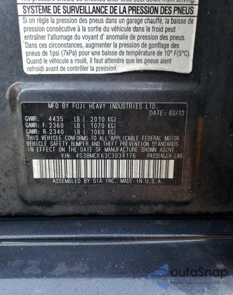 2012 Subaru Legacy 2.5I Limited z USA, uszkodzony, nr VIN 4S3BMCK63C3034176